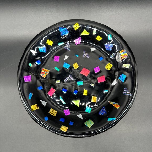 Fused Glass Plate Abstract Mosaic Black Rainbow Handmade Art Decor Dichroic Tray - Picture 2 of 7